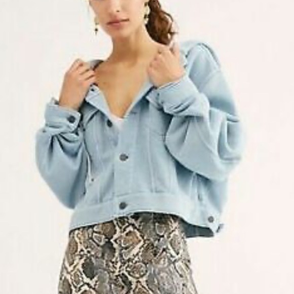 Free People Dreamers Hooded Jacket Blue oversized button closure Size M